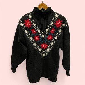 Groovy vintage 80’s-90’s oversized black mock neck faire isle stripe sweater